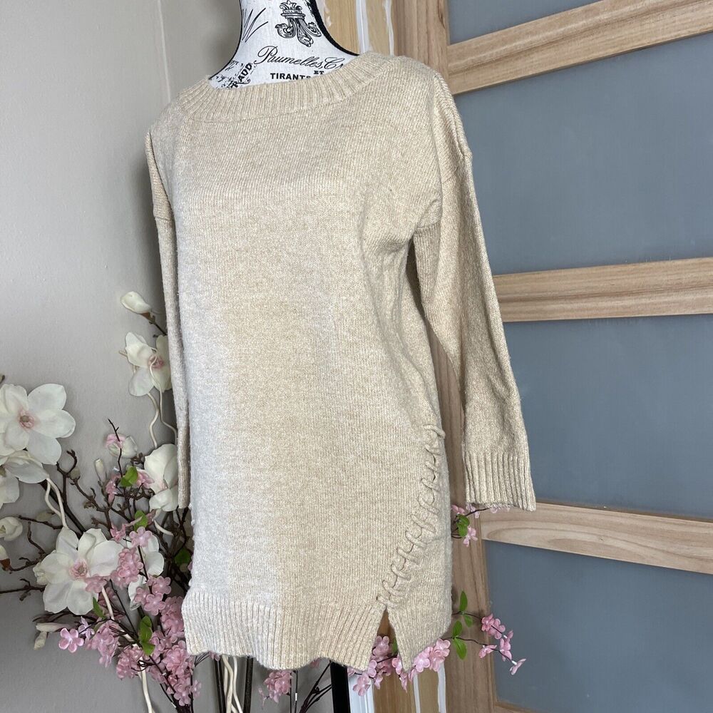 Bishop + Young Cream Knit Sweater Dress Lace-up Side Slit Long Sleeve Medium